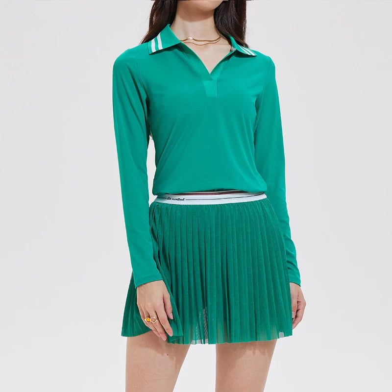 Long Sleeve Polo & Pleated Skirt Set