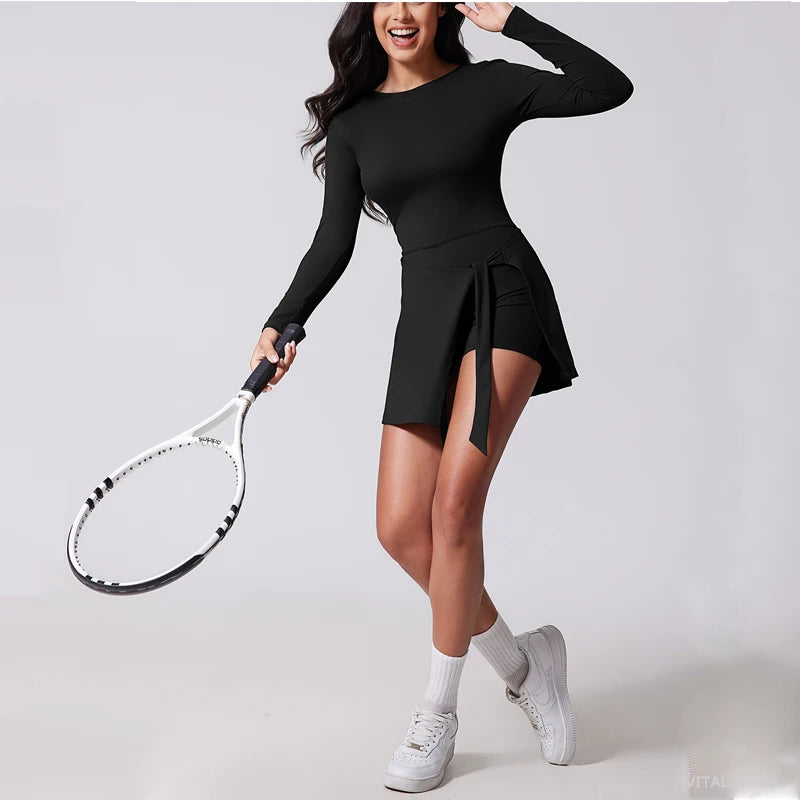 Long Sleeve High Neck Wrap Tennis Dress