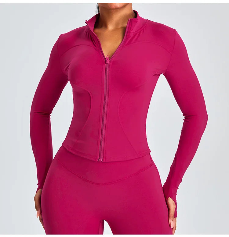 Women Long Sleeve Slim Fit Front Zip Outdoor Sports Jacket