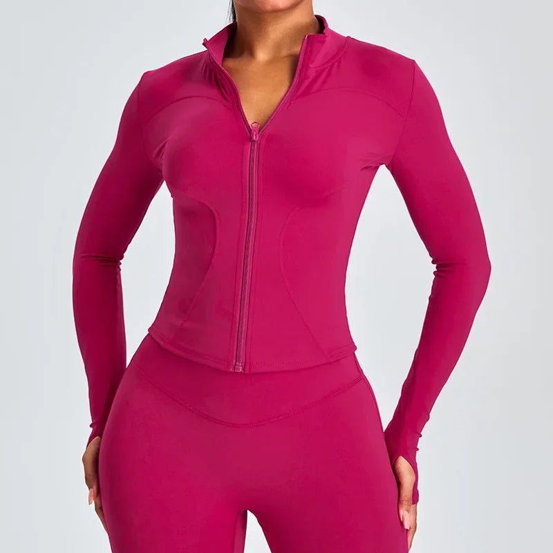 Women Long Sleeve Slim Fit Front Zip Outdoor Sports Jacket