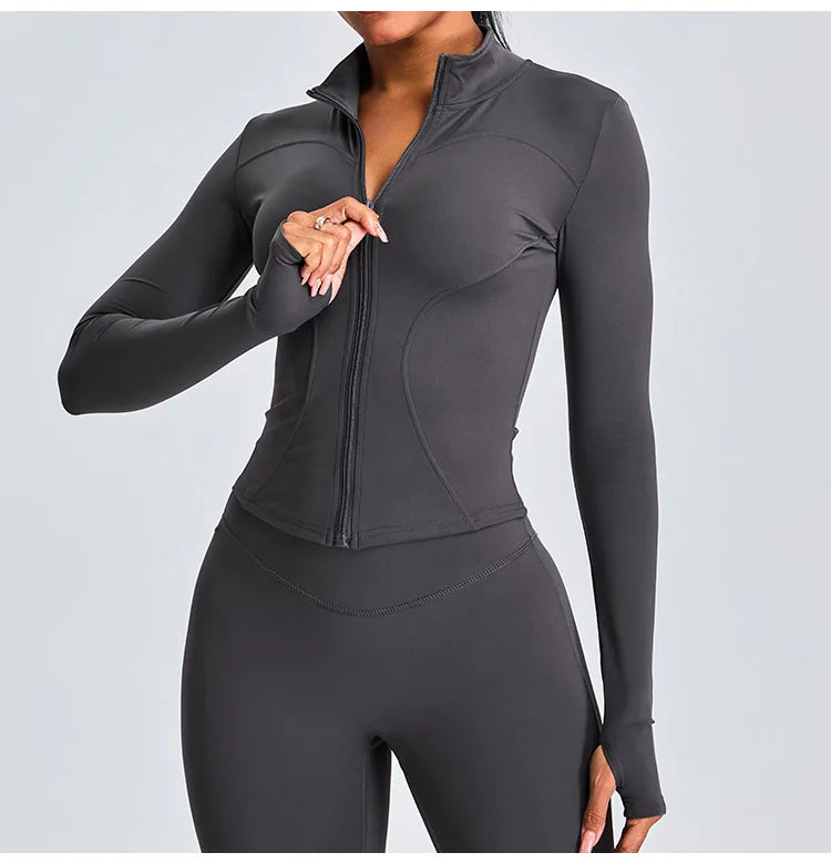 Women Long Sleeve Slim Fit Front Zip Outdoor Sports Jacket