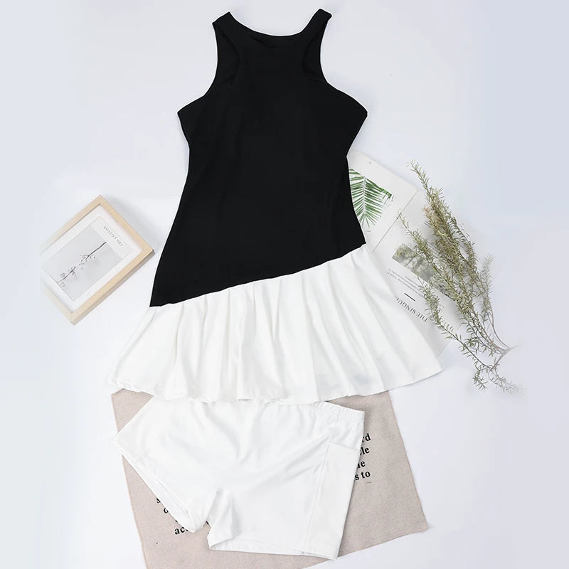 Two Tone Sleeveless Pleated Skirt Dress