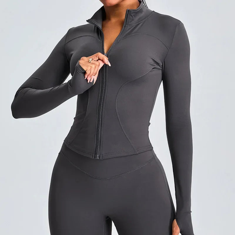 Women Long Sleeve Slim Fit Front Zip Outdoor Sports Jacket